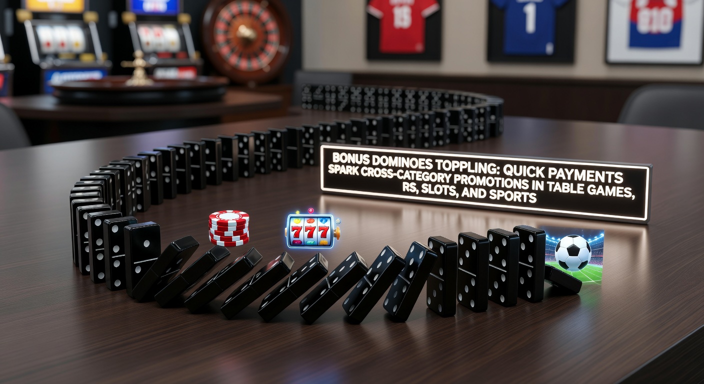 Domino's die omvallen met symbolen van bonussen, snelle betalingen en iconen voor slots, tafelspellen en sport, illustrerend de kettingreactie van promoties