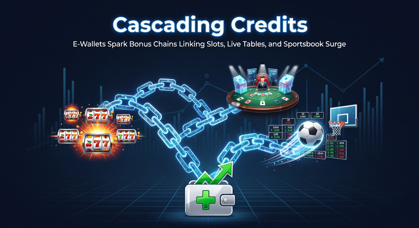 Grafische weergave van een bonusketen die slots, live casino en sportweddenschappen verbindt via e-wallet transacties