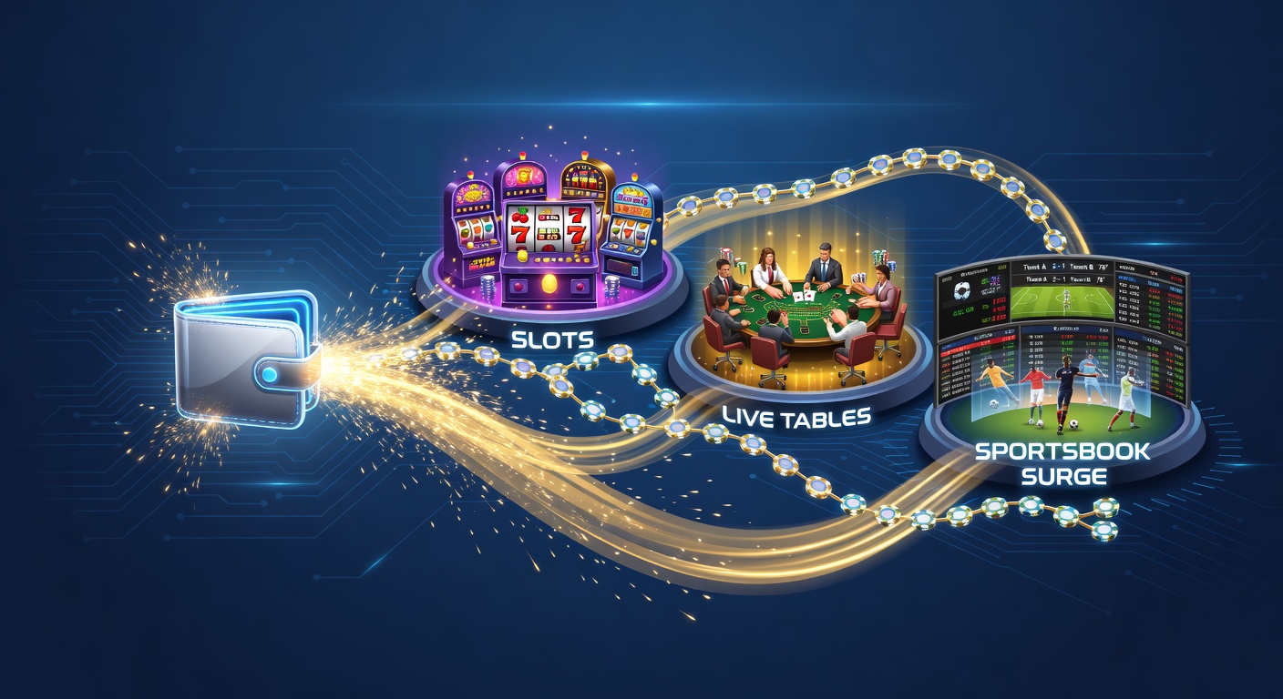Illustratie van e-wallet storting die bonusketens activeert over slots, live tafels en sportweddenschappen