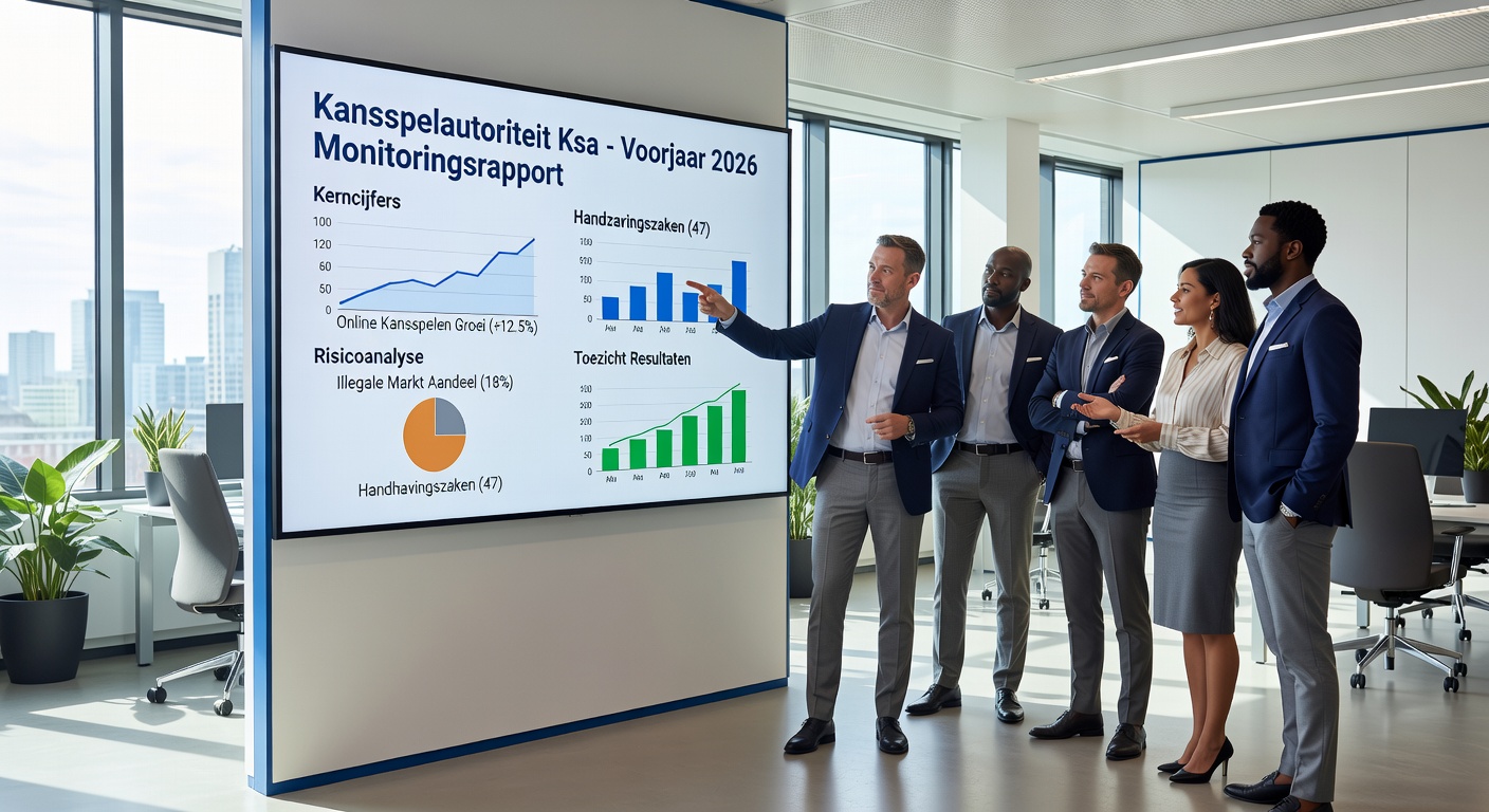 Groepsfoto van gokindustrieprofessionals in discussie bij een conferentie, met Amsterdamse skyline op achtergrond