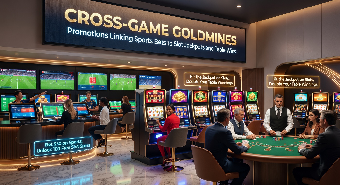 Voorbeeldscherm van een cross-game promotie met een speler die een sportwinst inzet op een draaiende slotmachine jackpot, verbonden door digitale pijlen en bonussen