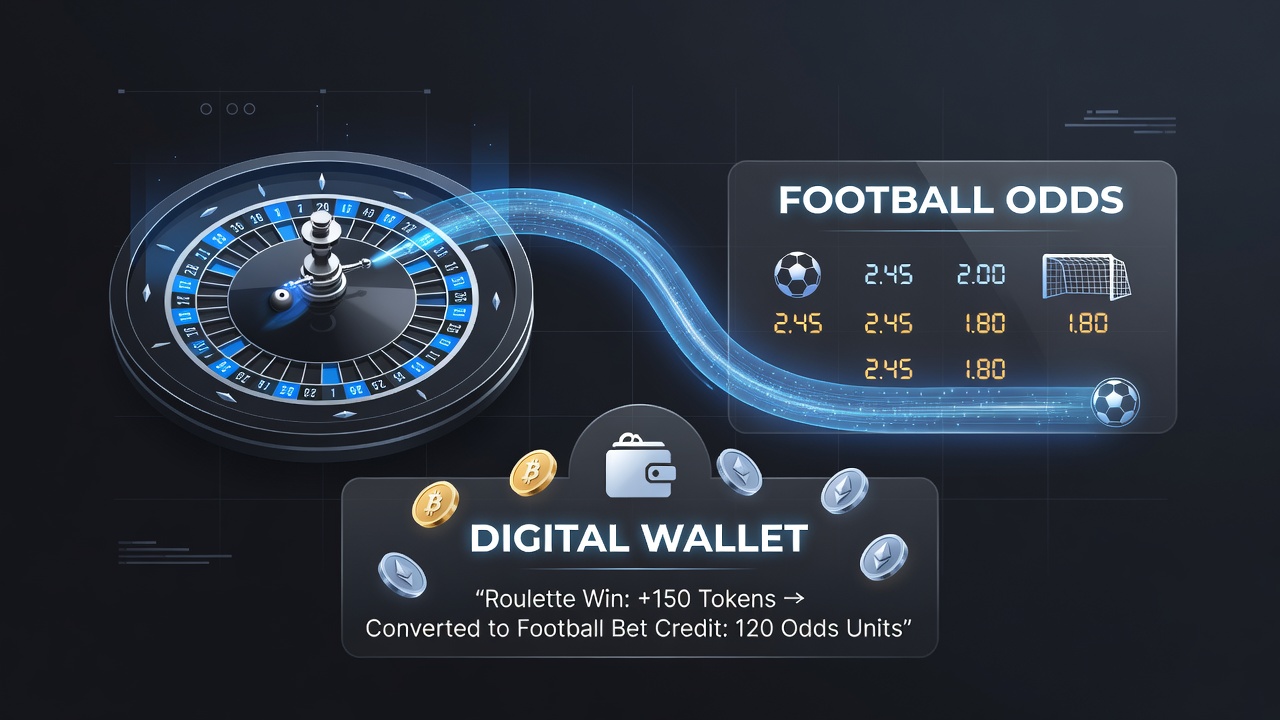 Diagram van beloningsstromen tussen roulette en voetbal via digitale wallets