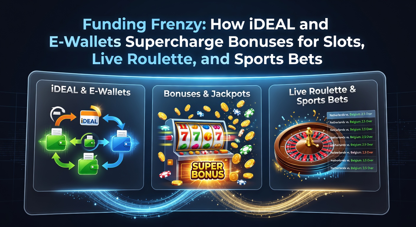 Grafiek met iDEAL en e-wallet iconen die bonussen activeren voor online gokken, inclusief slots en roulette tafels