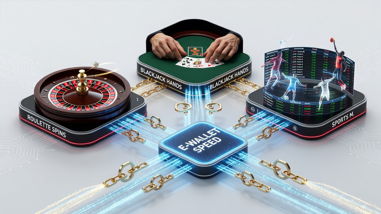 Diagram van gelaagde bonus ketens die roulette, blackjack en sportmarkten met elkaar verbinden via snelle e-wallet betalingen