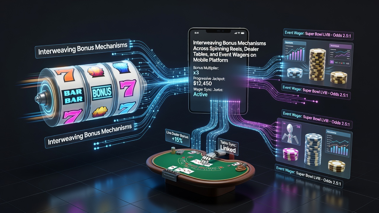 Diagram van bonusketens die slots, live tafels en weddenschappen verbinden