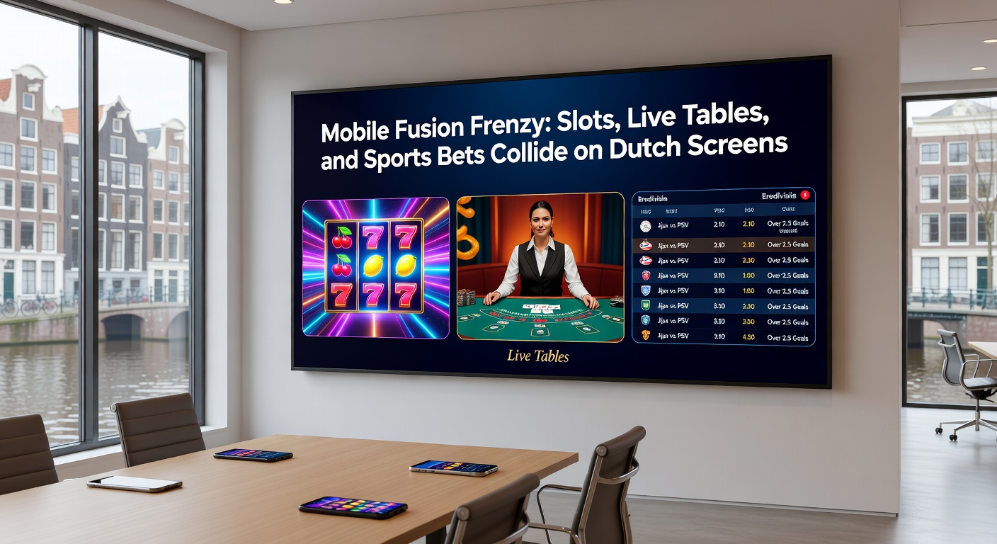 Smartphone-scherm met geïntegreerde slots, live roulettetafel en sportweddenschappen in een Nederlandse gokapp