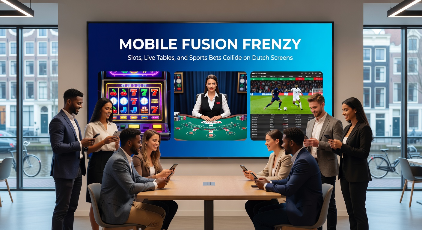 Dynamisch mobiel scherm met live sportweddenschap naast draaiende slot en live dealer-tafel