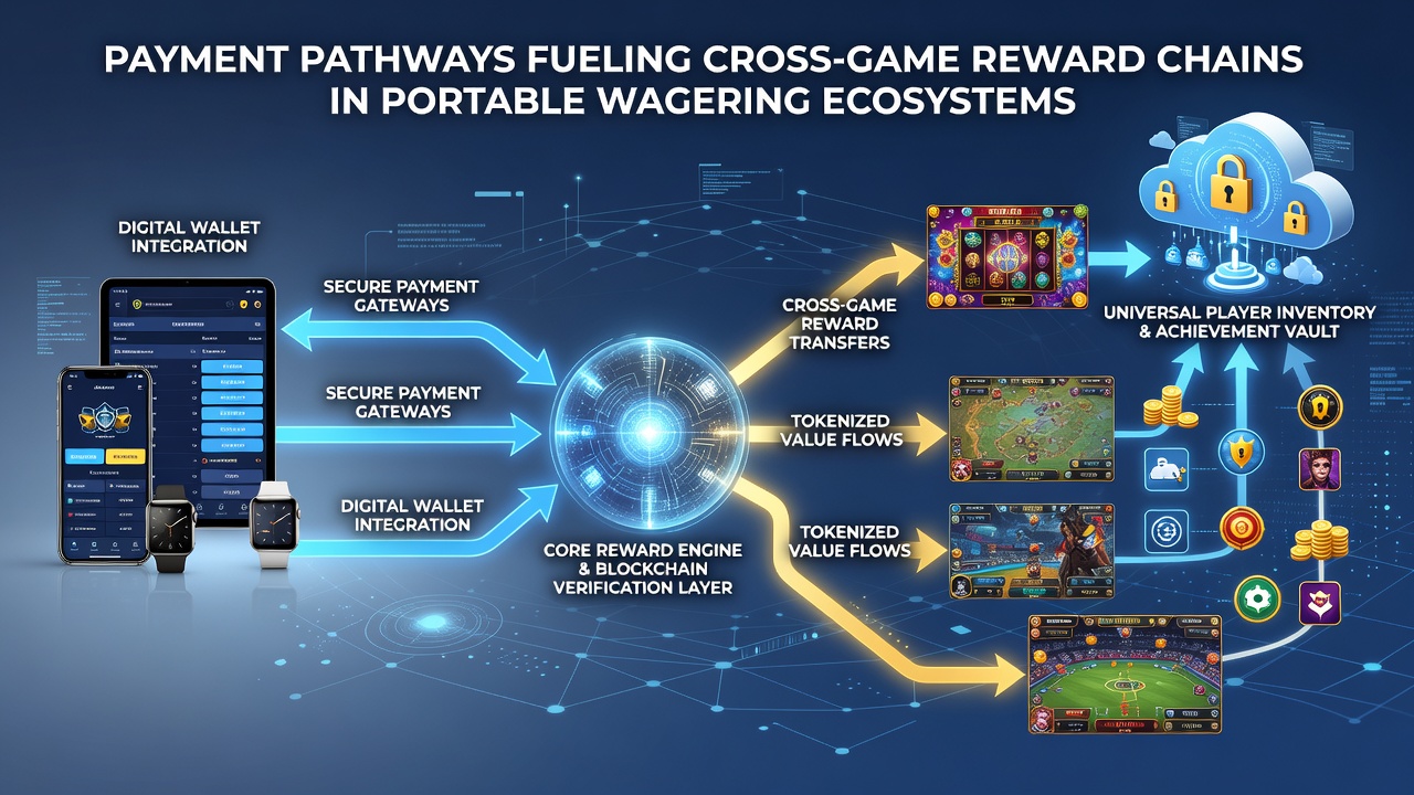 Diagram van realtime betaalstromen die beloningen koppelen tussen mobiele slots, sportweddenschappen en live casino spellen