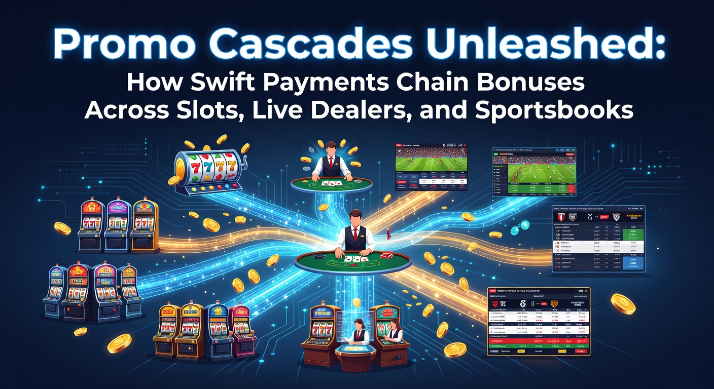 Grafische weergave van een kettingreactie van bonussen die zich verspreidt over slots, live dealer tafels en sportweddenschappen via snelle depositomethoden