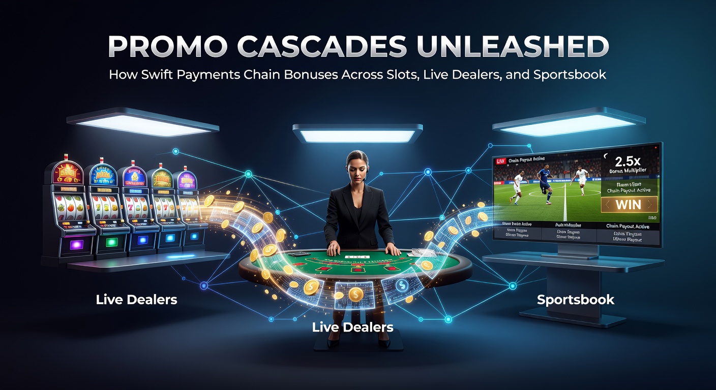 Voorbeeld van een spelerinterface waar bonussen cascaderen van een slotmachine naar een live dealer tafel en een sportsbook odds-scherm