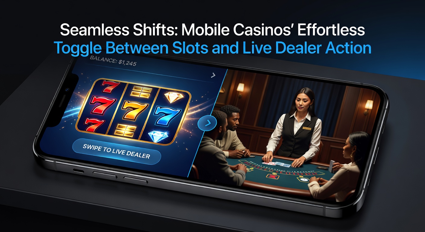 Mobiele telefoon met een casino-app die slots en live dealer tafels toont in een vloeiende overgang