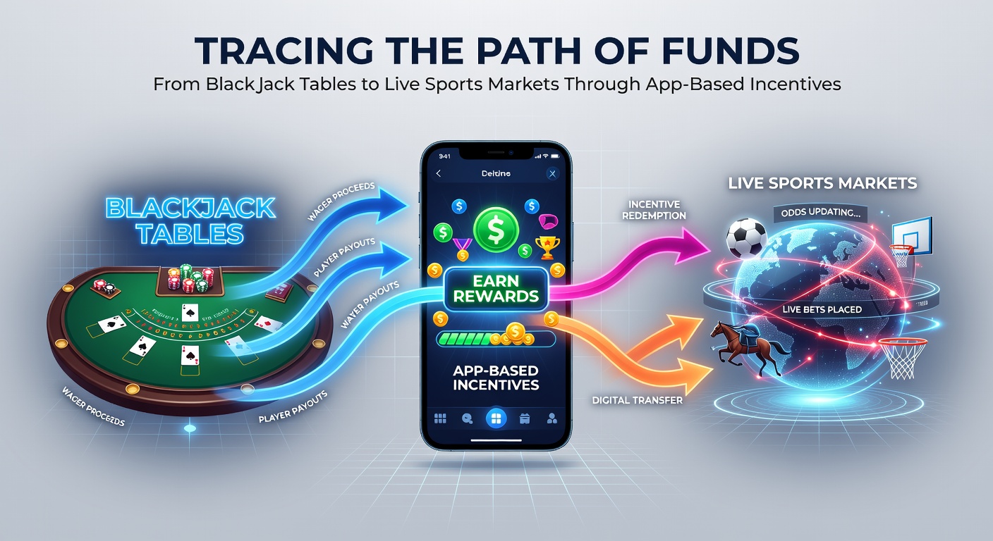 Visualisatie van geldstromen tussen blackjacktafels en sportmarkten via mobiele app incentives