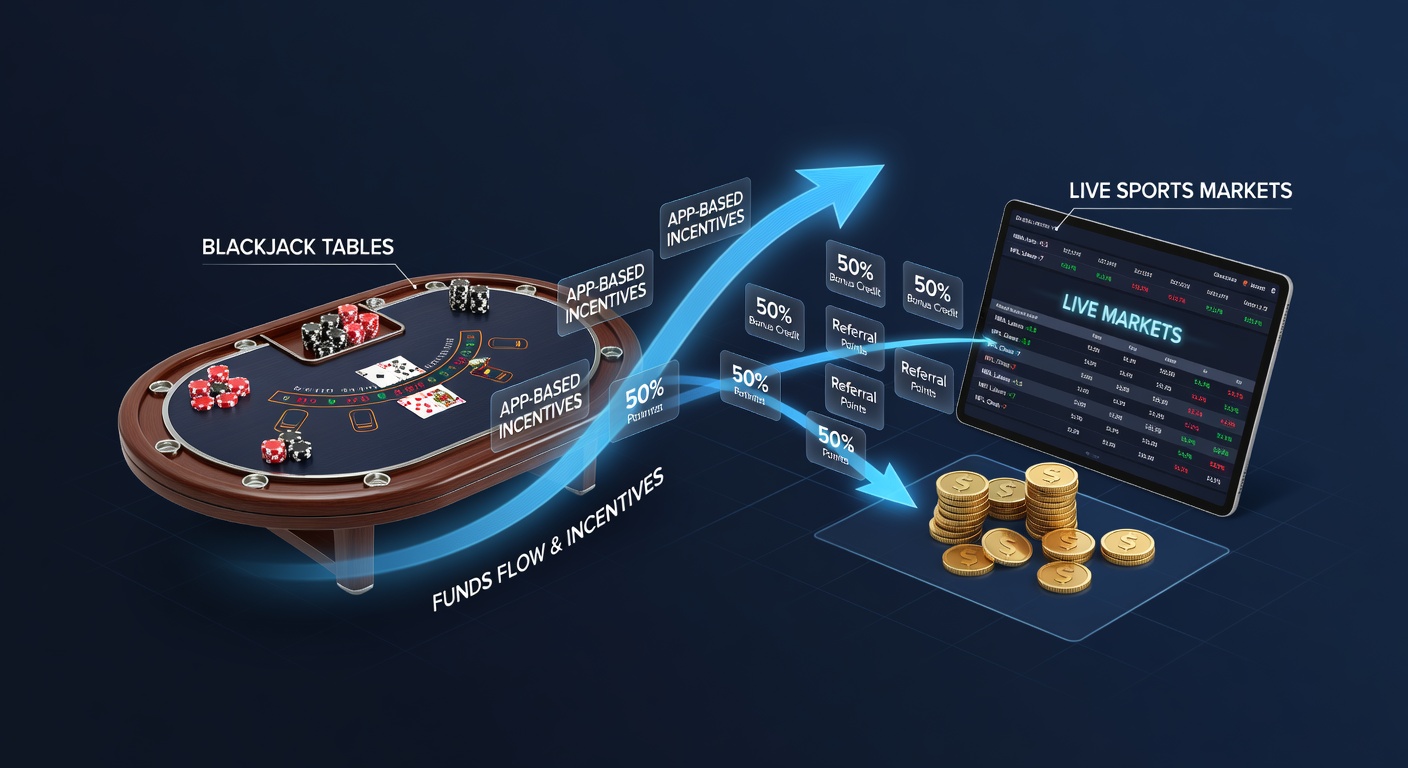 Diagram van fondsenbeweging van live dealer blackjack naar sportweddenschappen via mobiele applicaties