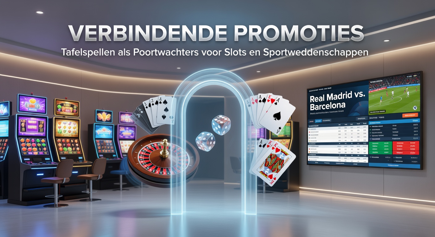 Speler aan blackjacktafel met digitale overlay van slot- en sportbonusiconen, symboliserend verbindende promoties